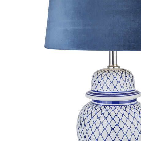 malabar blue and white ceramic lamp with blue velvet shade