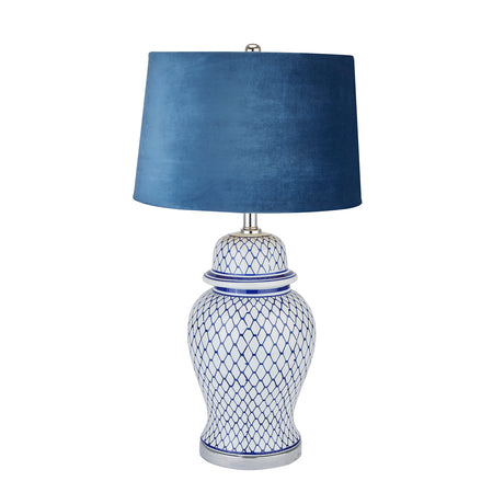 malabar blue and white ceramic lamp with blue velvet shade