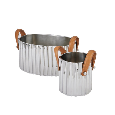 large silver fluted leather handled champagne cooler