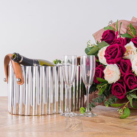 large silver fluted leather handled champagne cooler