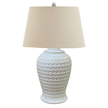 woven ceramic table lamp with linen shade