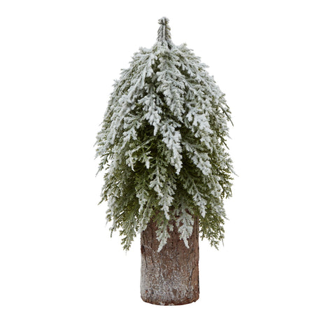 small snowy fir tree on tall wood log