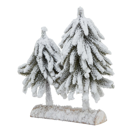 small snowy fir tree duo on wood log