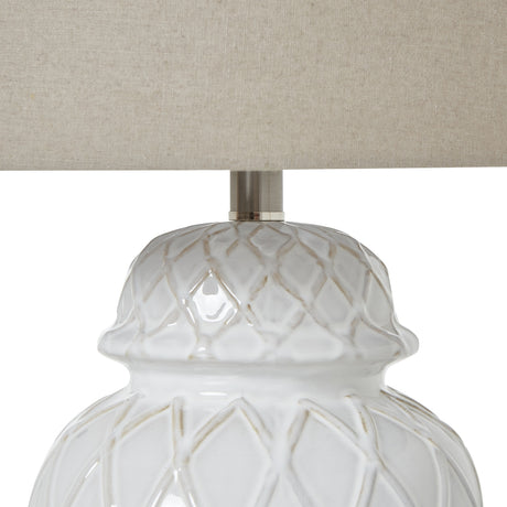 white ceramic ginger jar lamp with linen shade
