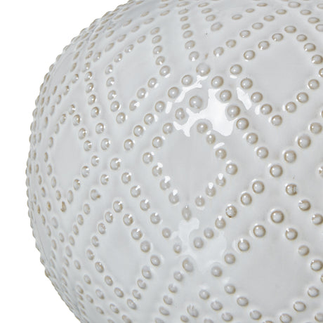 squat white beaded ceramic lamp with linen shade