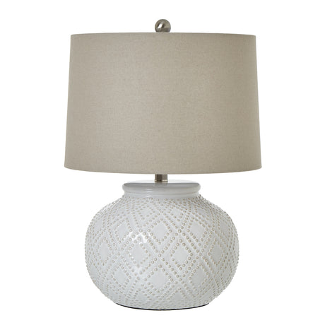 squat white beaded ceramic lamp with linen shade