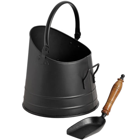 black coal bucket with teak handle shovel