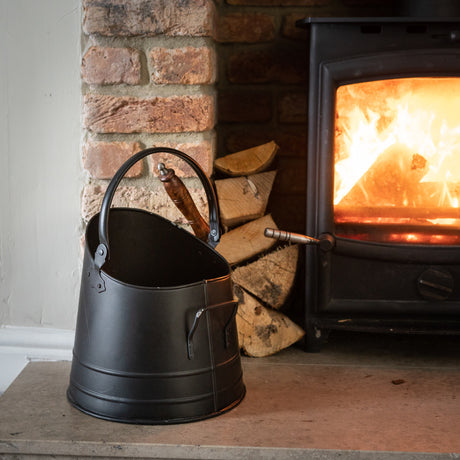 black coal bucket with teak handle shovel
