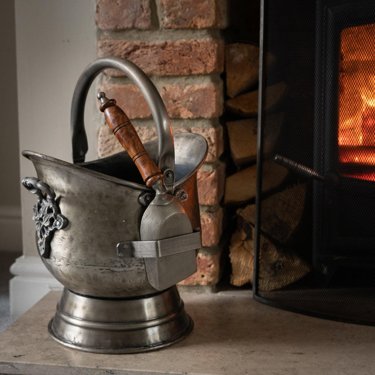 antique pewter coal bucket with shovel