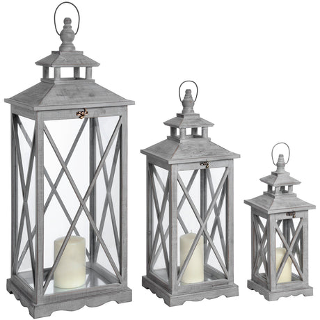 set of three wooden lanterns with traditional cross section