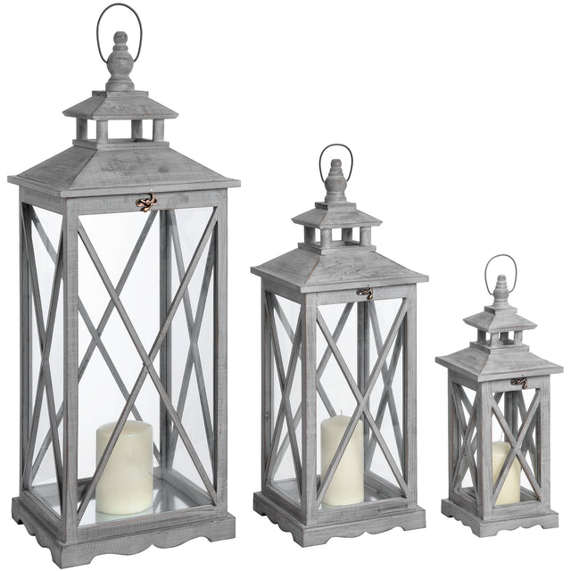 set of three wooden lanterns with traditional cross section