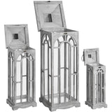 set of three wooden lanterns with archway design