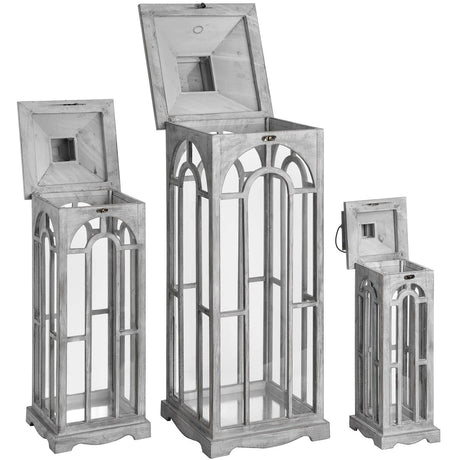 set of three wooden lanterns with archway design