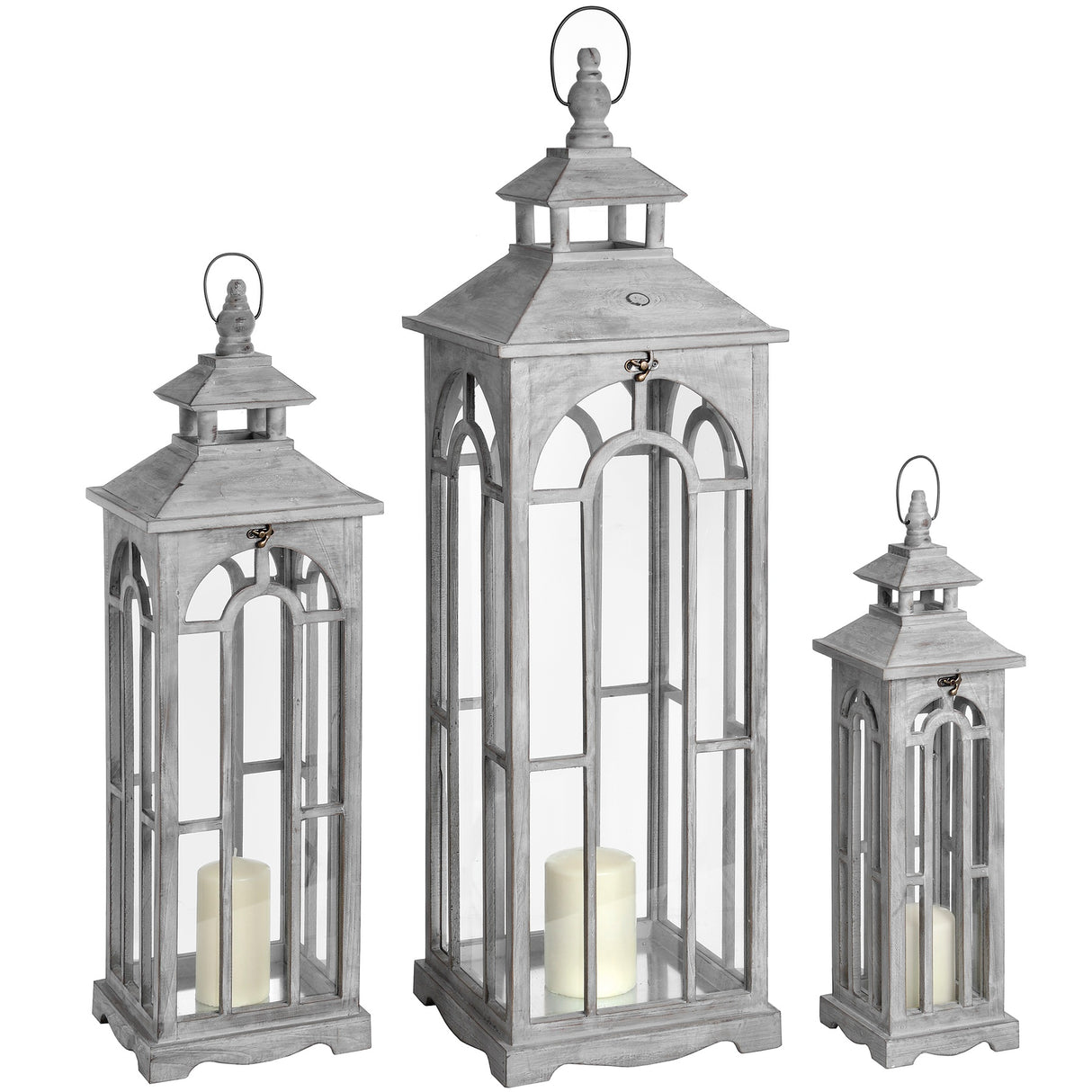 set of three wooden lanterns with archway design