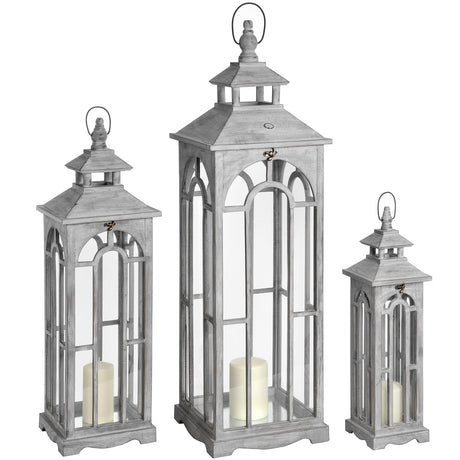 set of three wooden lanterns with archway design