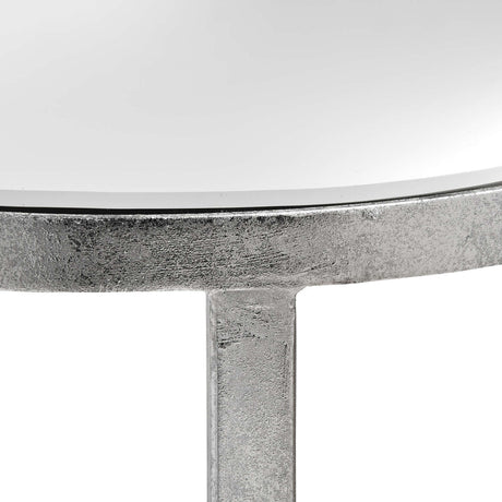 mirrored silver half moon table with cross detail