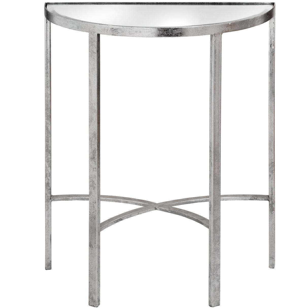 mirrored silver half moon table with cross detail
