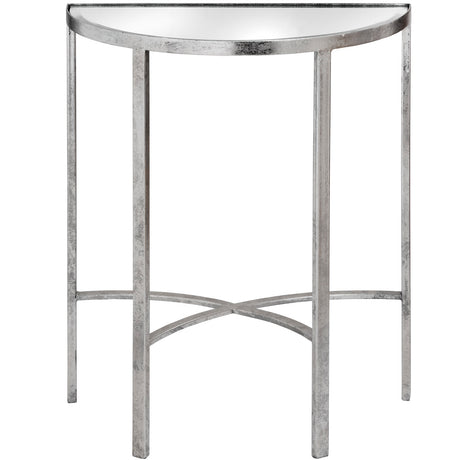mirrored silver half moon table with cross detail