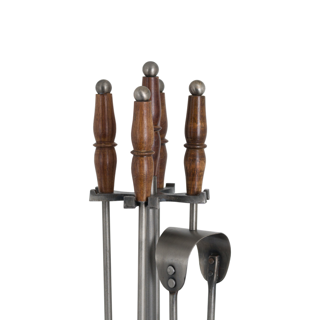 hand turned fire companion set in antique pewter with wooden handles
