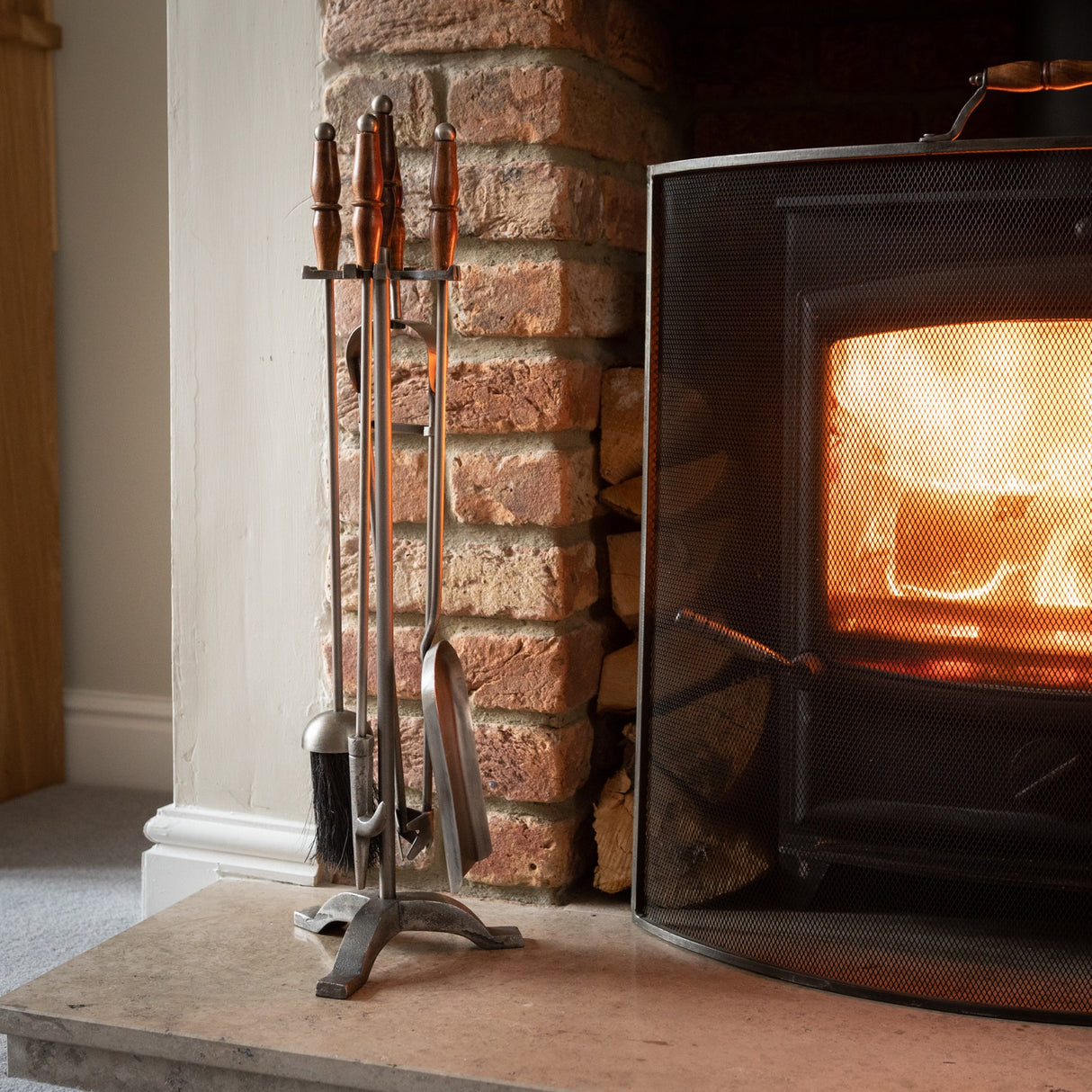 hand turned fire companion set in antique pewter with wooden handles