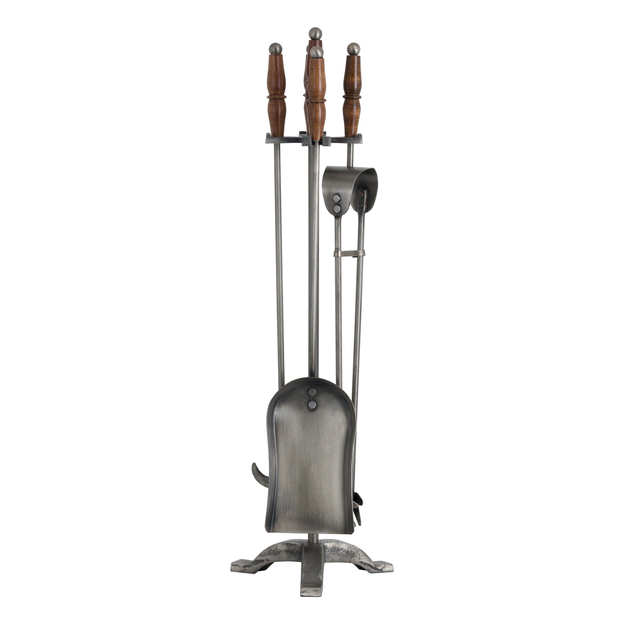 hand turned fire companion set in antique pewter with wooden handles