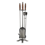 hand turned fire companion set in antique pewter with wooden handles