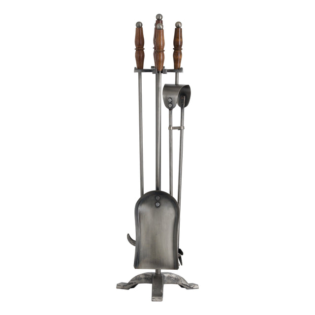 hand turned fire companion set in antique pewter with wooden handles