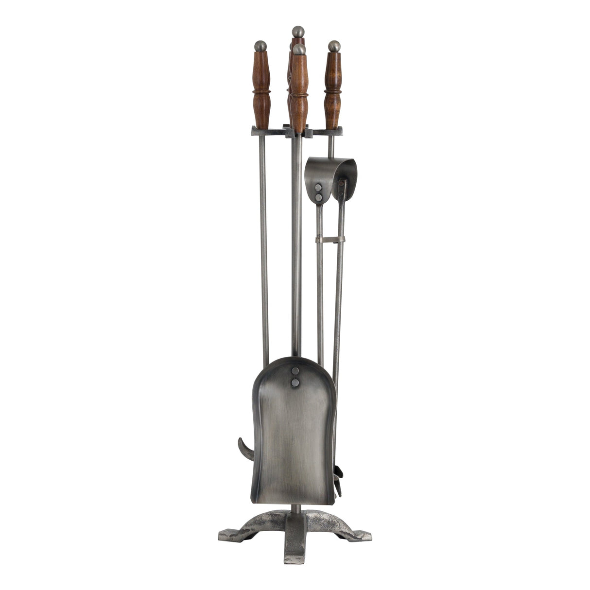 Nora Hand Turned Fire Companion Set In Antique Pewter With Wooden Handles