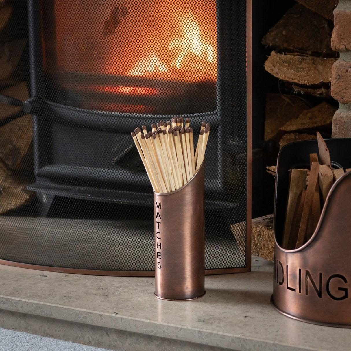 copper finish logs and kindling buckets matchstick holder