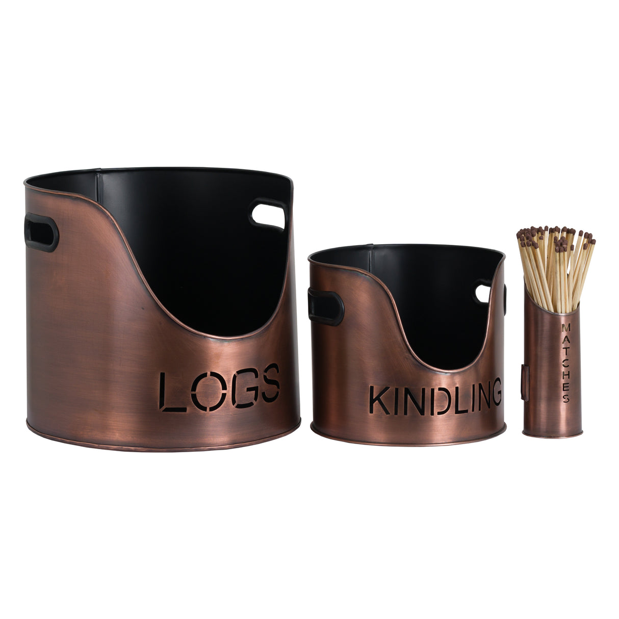 copper finish logs and kindling buckets matchstick holder