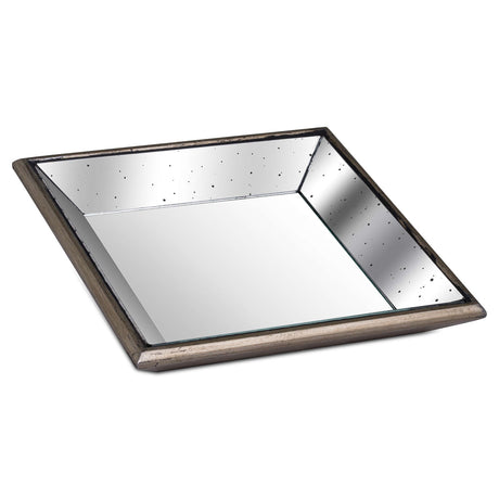 astor distressed mirrored square tray w wooden detailing sml