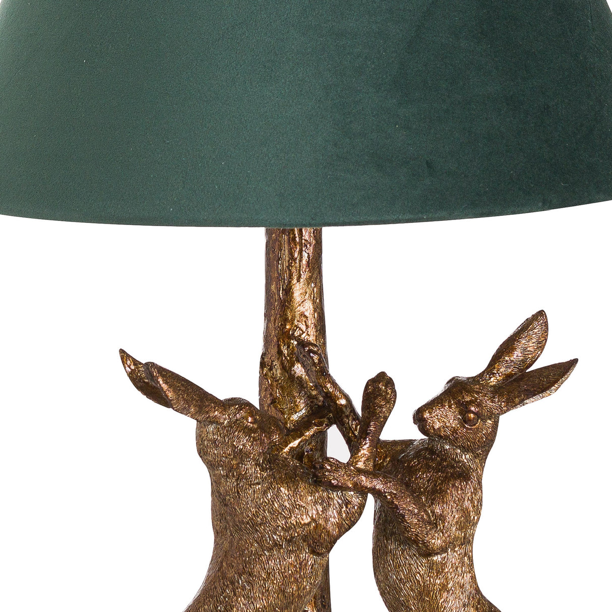 antique gold marching hares lamp with green velvet shade