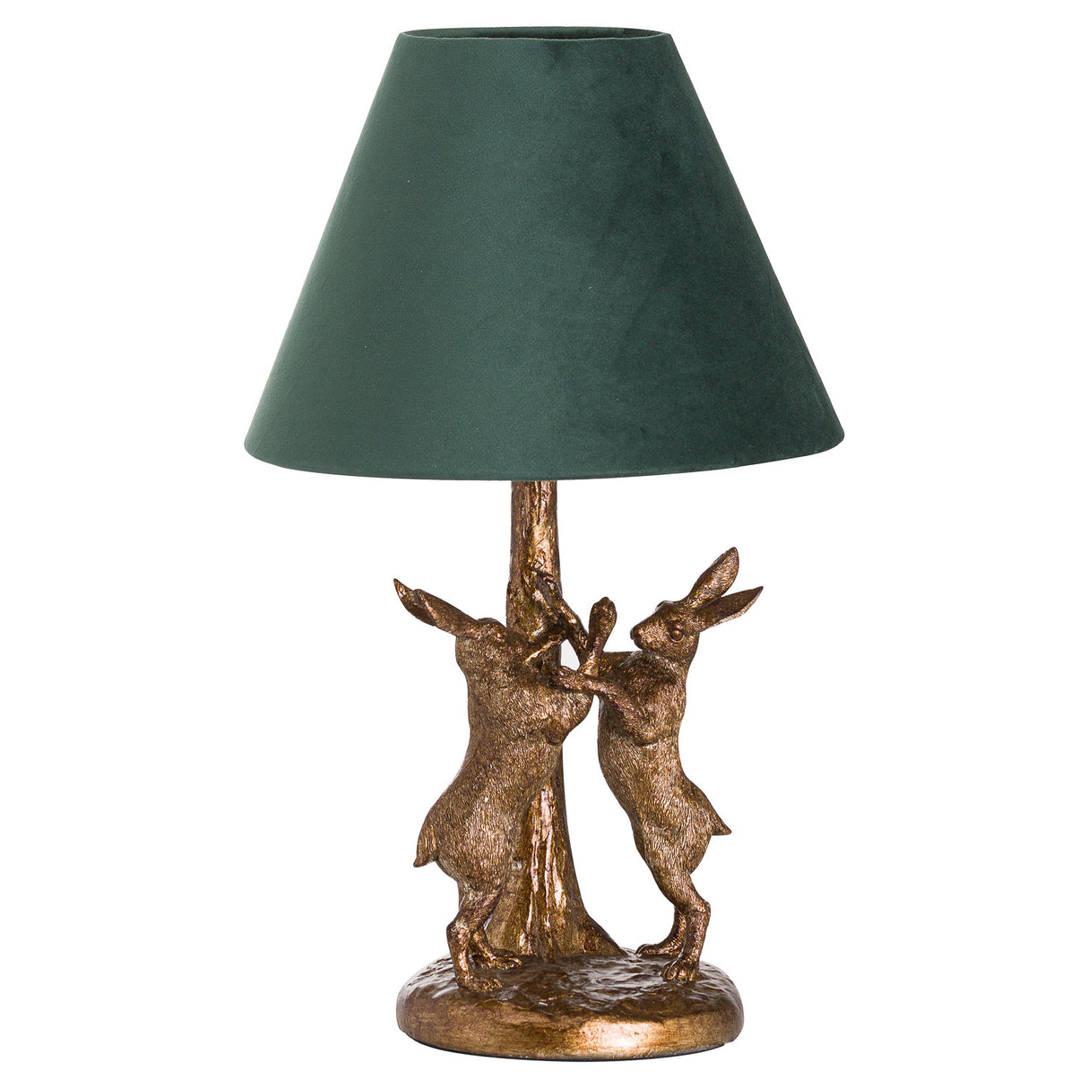 antique gold marching hares lamp with green velvet shade