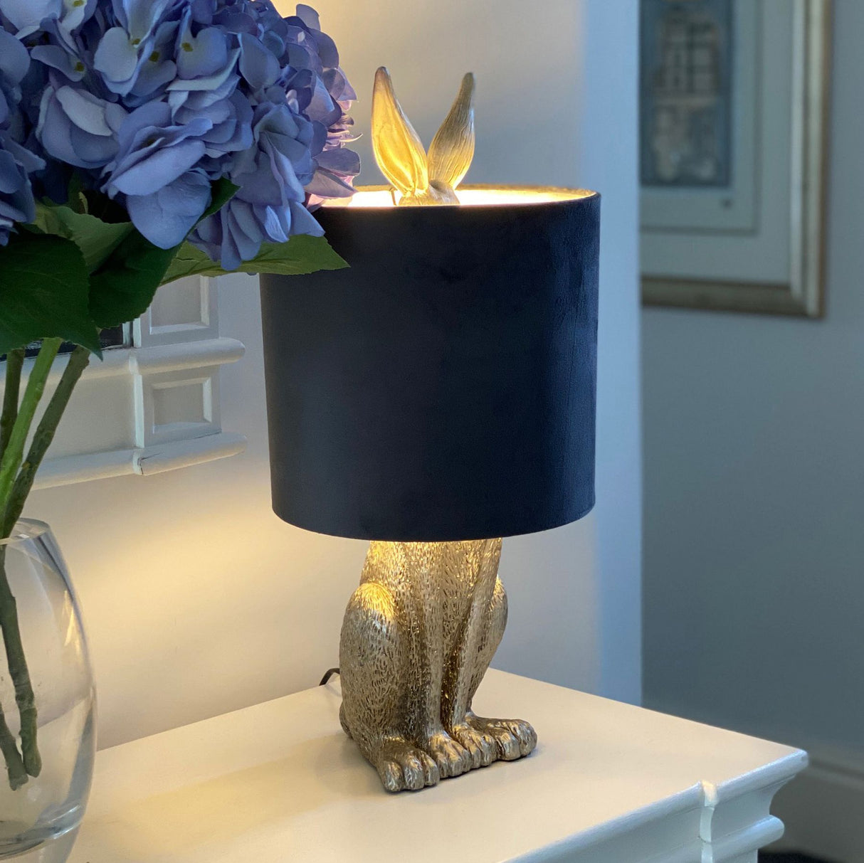silver hare table lamp with grey velvet shade