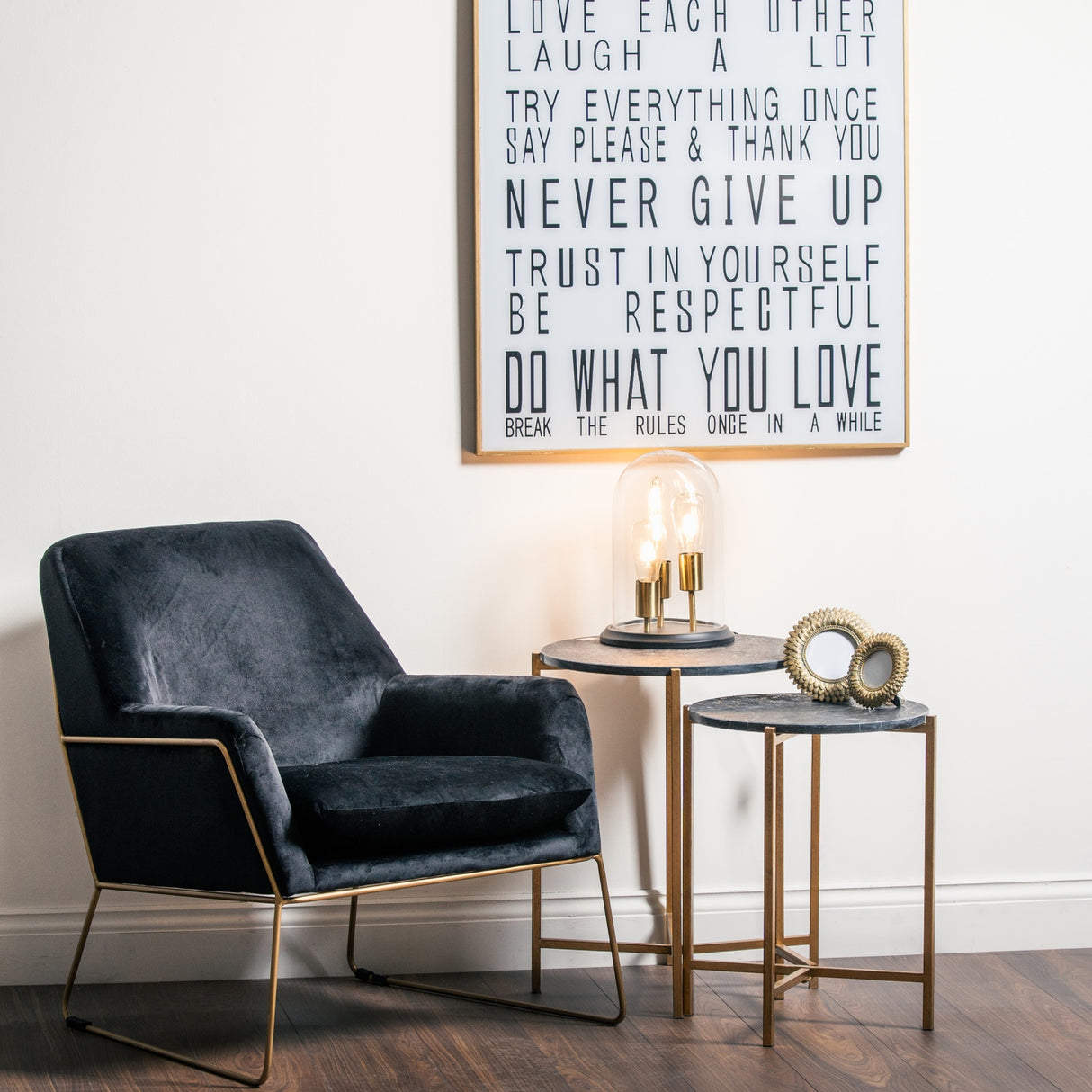 set of 2 gold and black marble tables