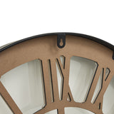 black framed skeleton clock with white roman numerals