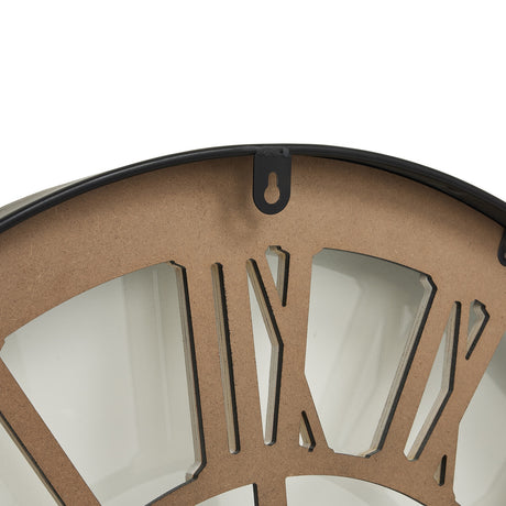 black framed skeleton clock with white roman numerals
