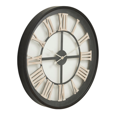 black framed skeleton clock with white roman numerals