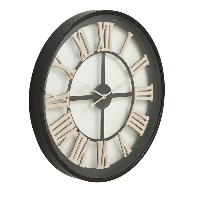 black framed skeleton clock with white roman numerals