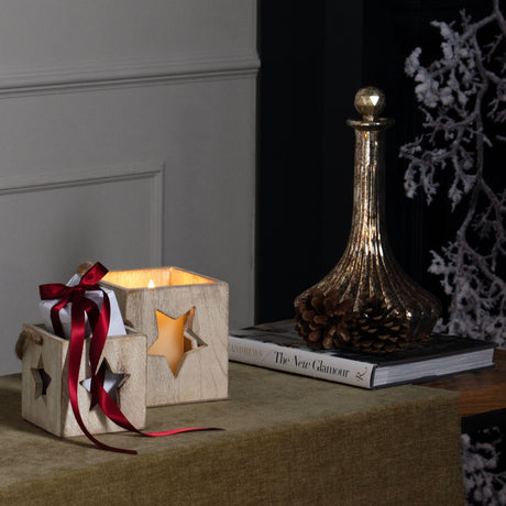 washed wood star tealight candle holder