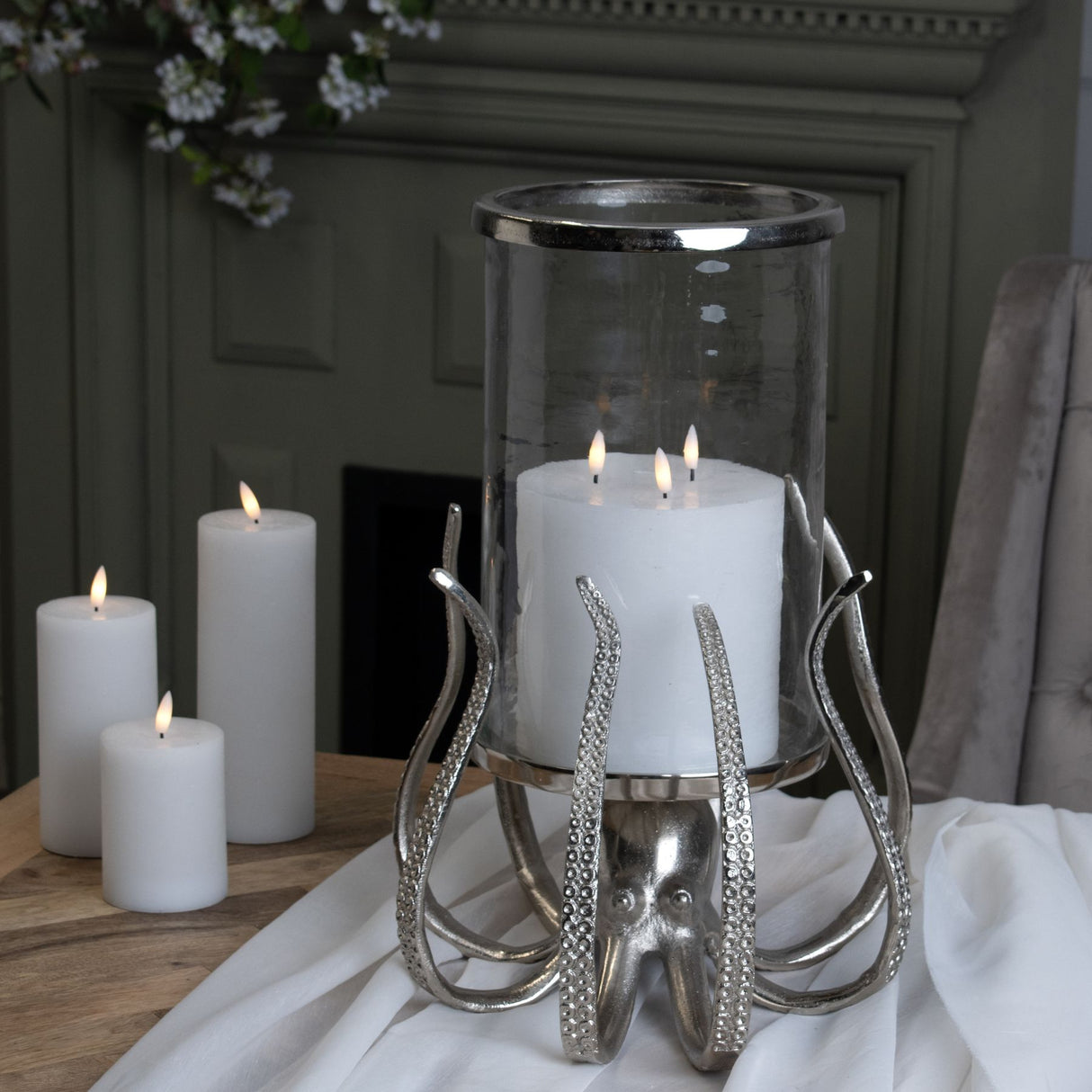 large silver octopus candle hurricane lantern