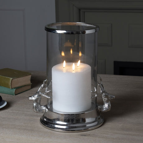 silver stag heads hurricane lantern
