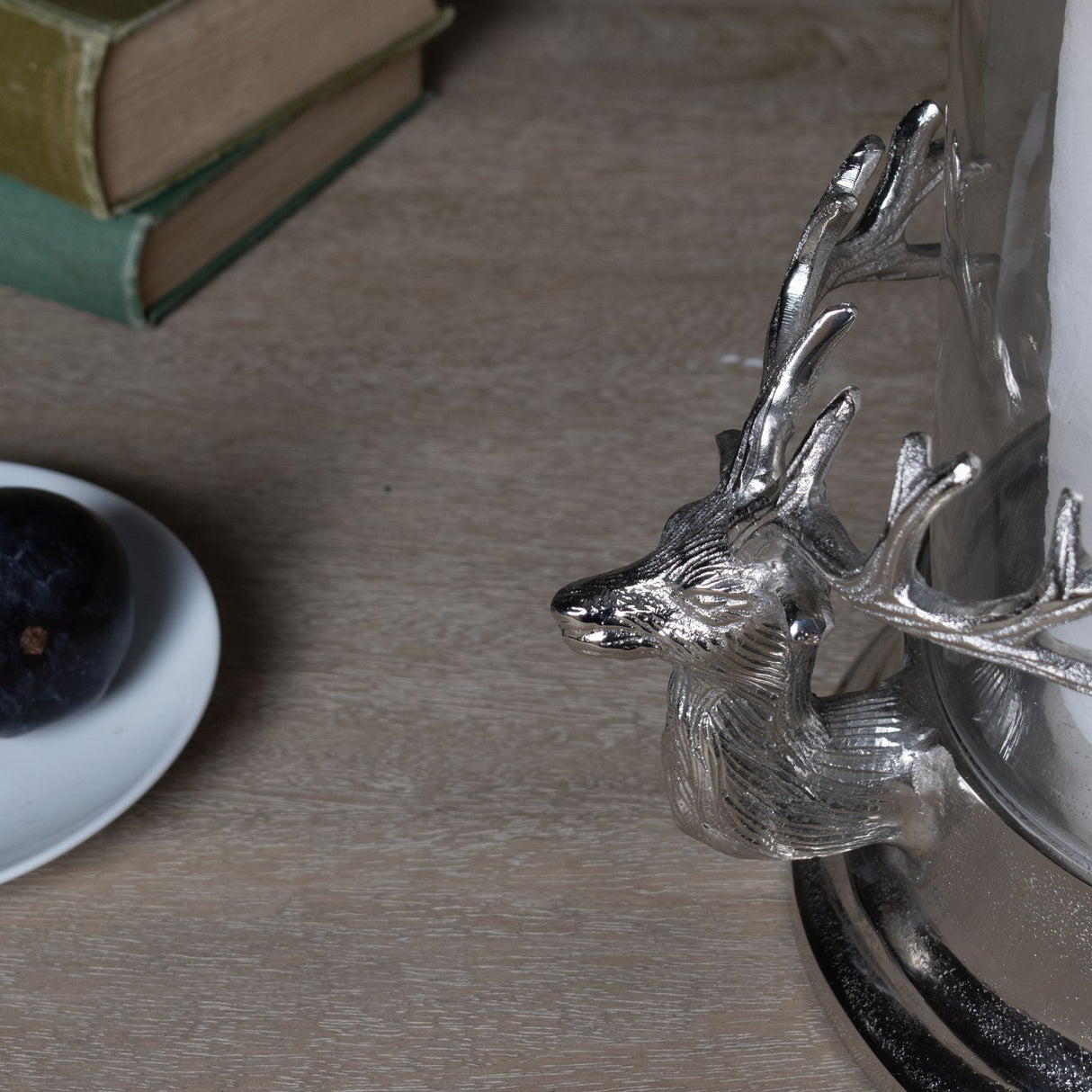 silver stag heads hurricane lantern
