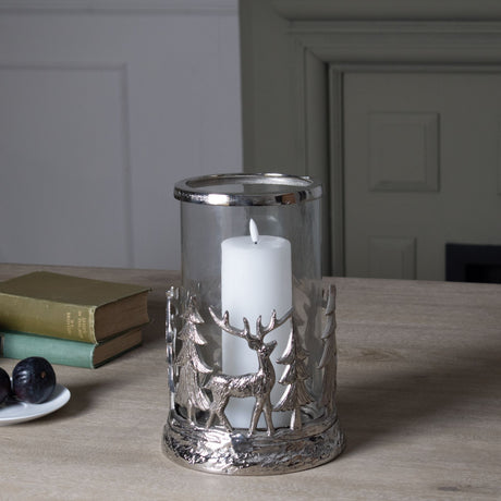 silver stag scene hurricane lantern