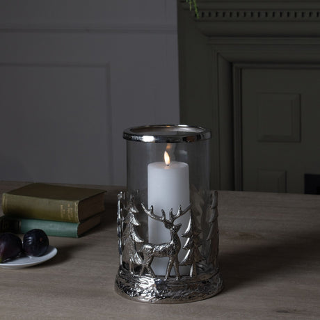 silver stag scene hurricane lantern
