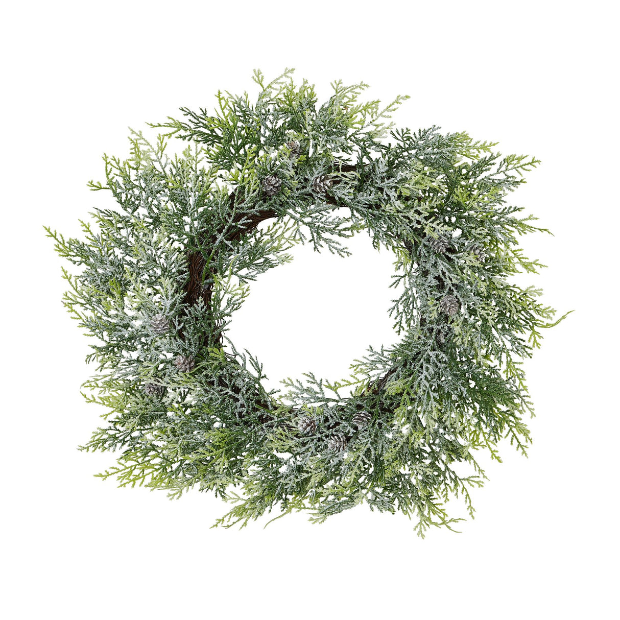 frosted pine wreath with pinecones