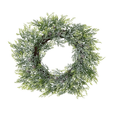 frosted pine wreath with pinecones