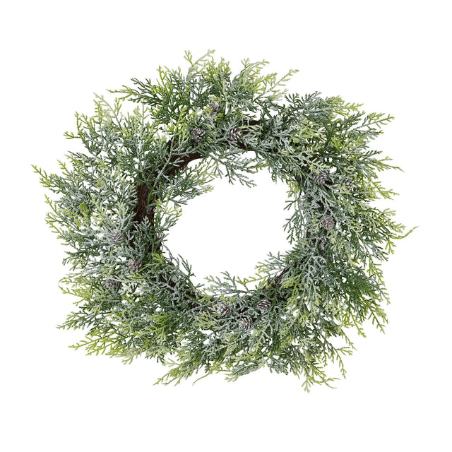 frosted pine wreath with pinecones