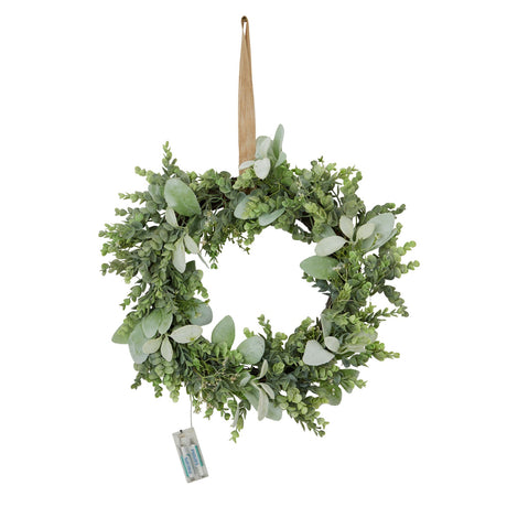 led winter wreath with eucalyptus and lambs ear
