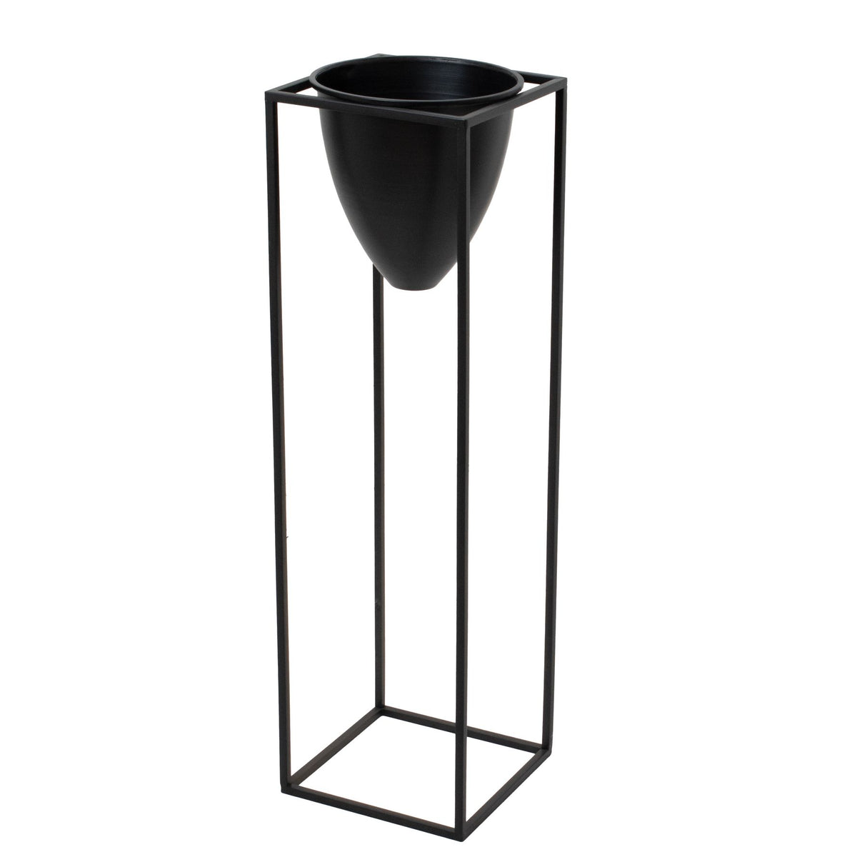 large matt black bullet planter on black frame